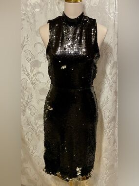 H&M Black/Gold Sequin High-Neck Open Back Sleeveless Cocktail Dress Size 8